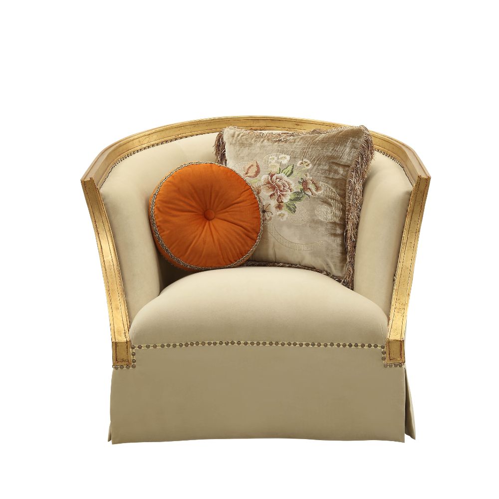 Acme - Daesha Chair W/2 Pillows 50837 Tan Flannel & Antique Gold Finish