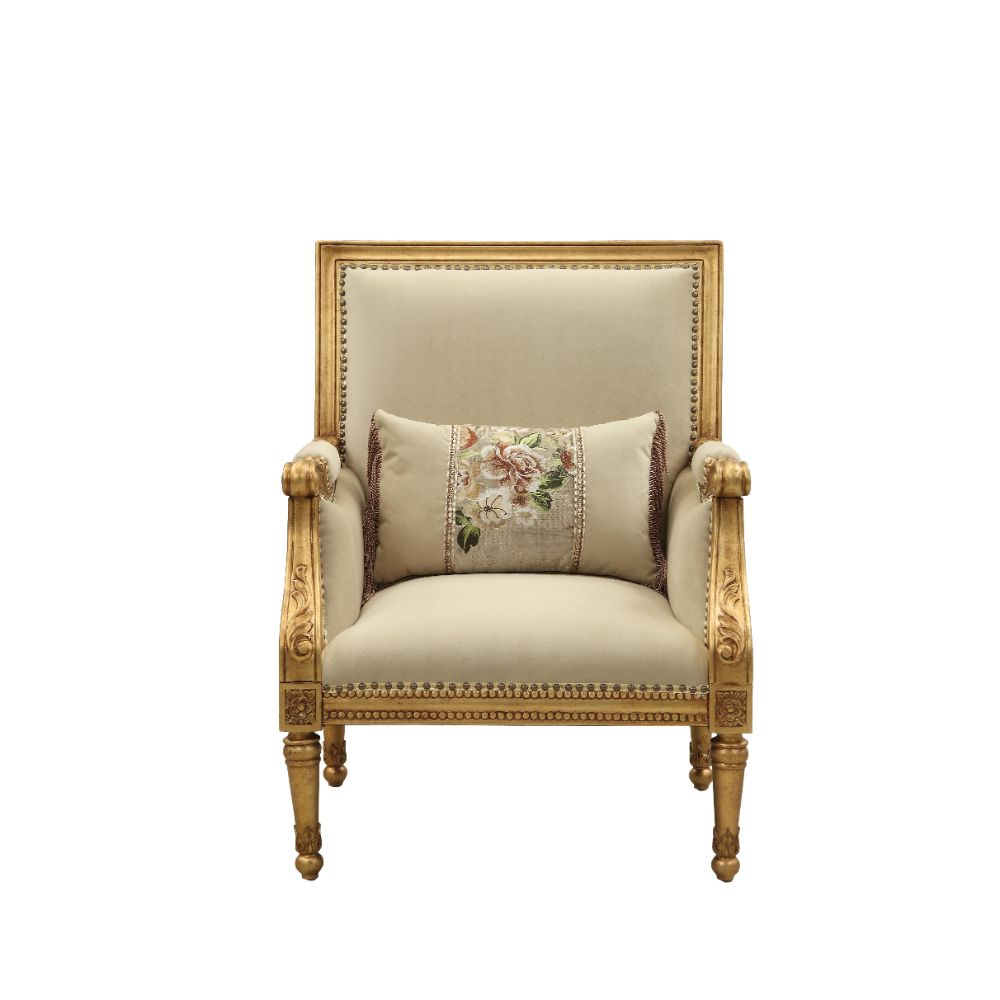 Acme - Daesha Chair W/Pillow 50838 Tan Flannel & Antique Gold Finish