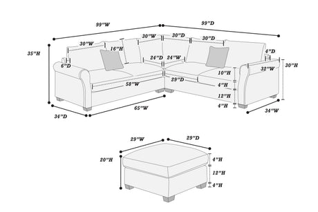 4pc Sectional Set Matching Pillow Cocktail Ottoman Corner Wedge Right And Left Arm Loveseat Corduroy Upholstered Fog Finish Primary Living Room - sold by Home Elegance USA