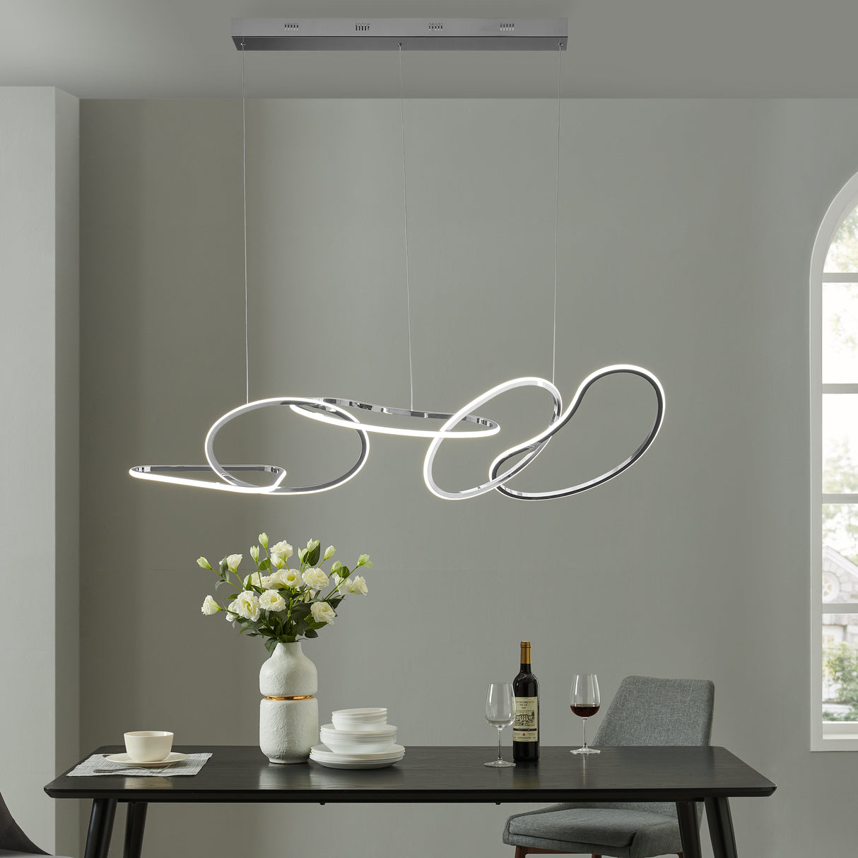 Seoul LED Hoops Rectangular Chandelier // Chrome  | Finesse -  Home Elegance USA