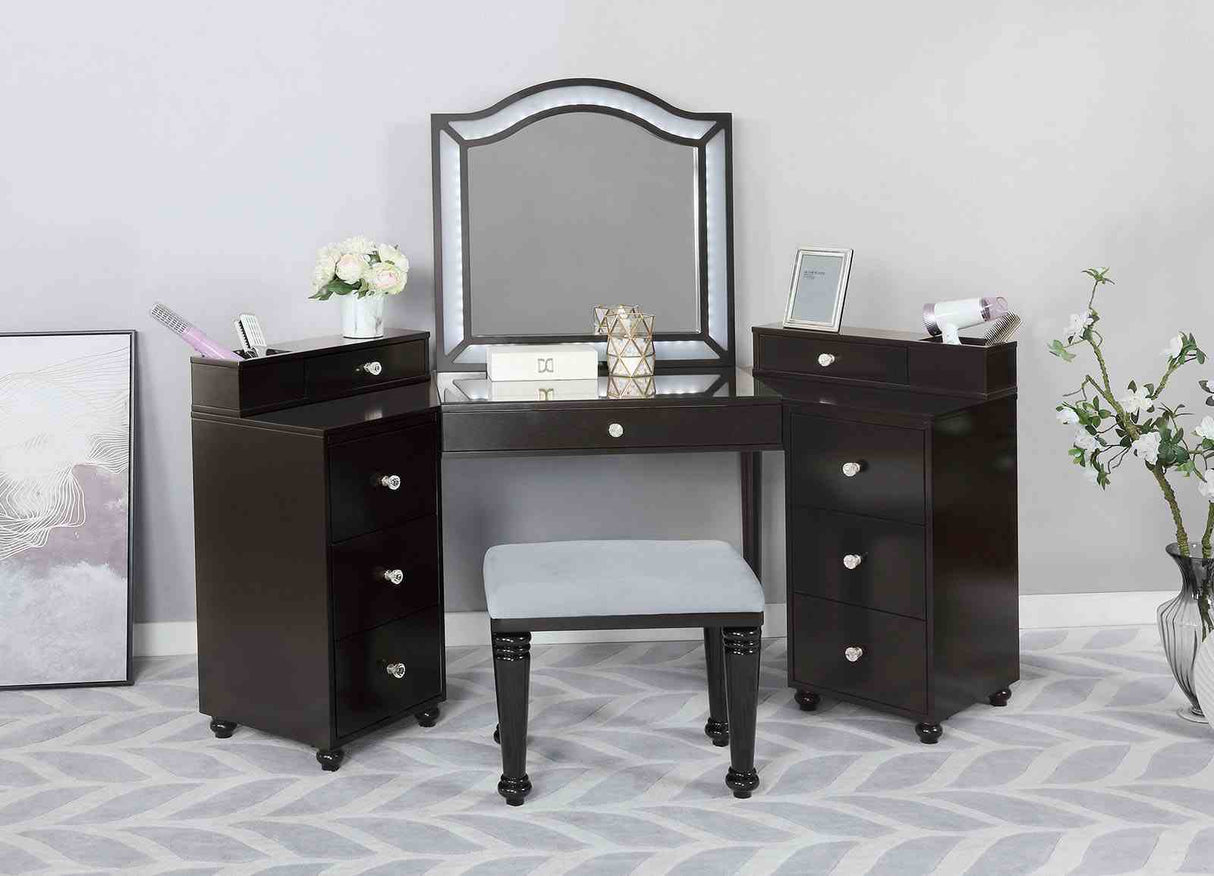 Glam Style 1pc Vanity w/ Stool Set 8mm Glass Top Storage Drawers LED On Mirror Obsidian Gray Finish Bedroom Furniture