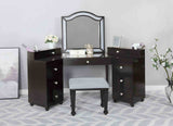 Glam Style 1pc Vanity w/ Stool Set 8mm Glass Top Storage Drawers LED On Mirror Obsidian Gray Finish Bedroom Furniture