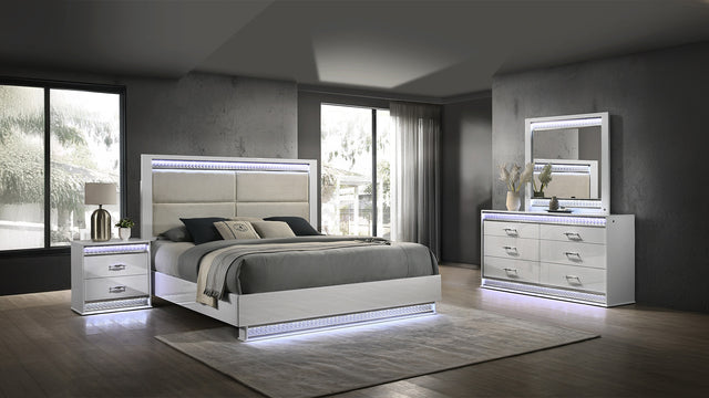 Glam Modern Style 4 Pc King Bedroom Set with LED Headboard Made with Wood in White