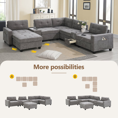 Modern Chenille U-Shaped Sectional Sofa with Acrylic Table Top, USB Charger, Storage Drawers, and Movable Ottoman in Gray - sold by Home Elegance USA