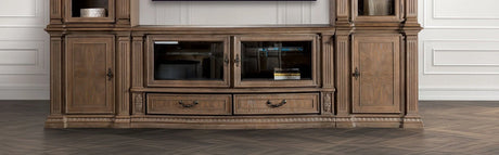 Traditional Style TV Console Base Entertainment Center With 6 Doors And 2 Drawers Carved Detail Design Dentil Moldings Reeded Posts Weather Oak Finish - sold by Home Elegance USA