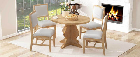TREXM Farmhouse 5-Piece Dining Table Set with 4 Upholstered Chairs, Wood Extendable Dining Table with 15.7' Leaf for Extra Seating for Dining Room, Kitchen and Living Room (Natural Wood Wash) - sold by Home Elegance USA