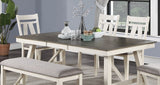 Dining Room Furniture 6pc Dining Set Table w Leaf And 4x Side Chairs 1x Bench Gray Fabric Cushion Seat White Clean Lines Wooden Table Top | Home Elegance USA