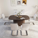 63 'medieval modern brown style MDF dining table and PU armless dining chair set 6. Assemble Desktop and Silver plated metal leg dining chair set, suitable for home&kitchen