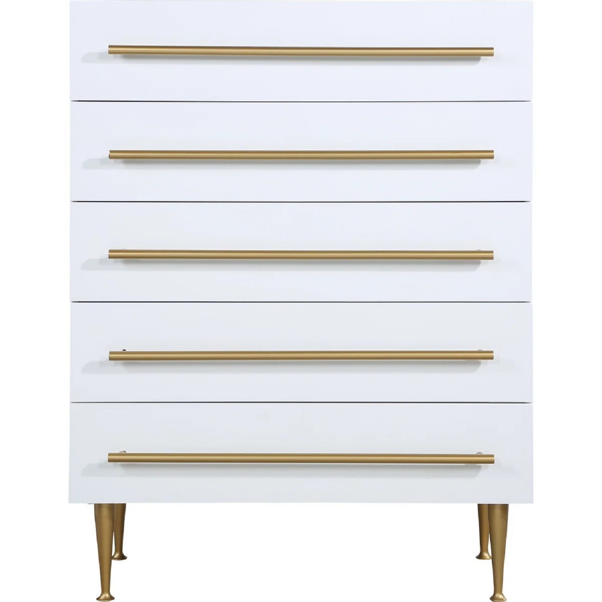 Contemporary 5-Drawer Chest with Gold Accent, 1 Piece Drawer Dresser for Bedroom, Wooden Storage Unit, White