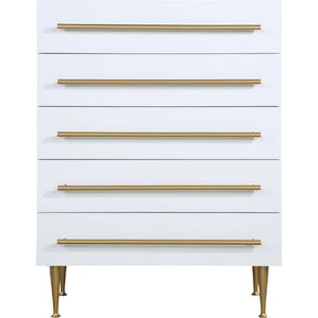 Contemporary 5-Drawer Chest with Gold Accent, 1 Piece Drawer Dresser for Bedroom, Wooden Storage Unit, White