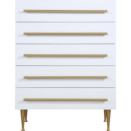 Contemporary 5-Drawer Chest with Gold Accent, 1 Piece Drawer Dresser for Bedroom, Wooden Storage Unit, White