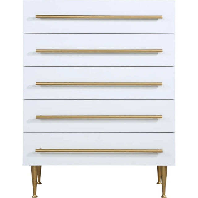 Contemporary 5-Drawer Chest with Gold Accent, 1 Piece Drawer Dresser for Bedroom, Wooden Storage Unit, White