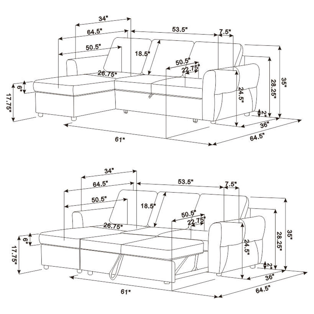 Sleeper Sectional - Samantha Upholstered Sleeper Sofa Sectional with Storage Chaise Grey