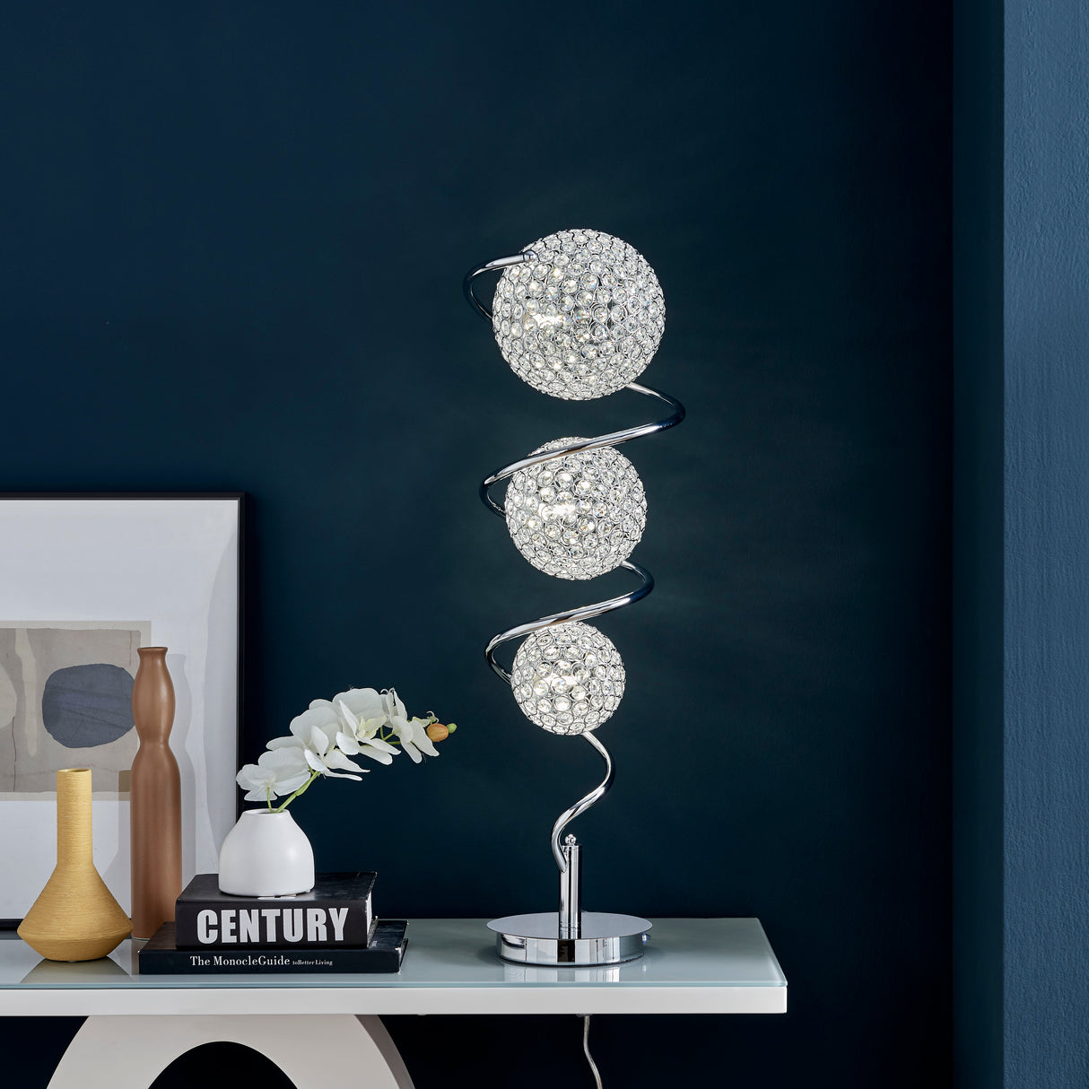 Vertical Crystal Sphere Table Lamp // 3 Light  | Finesse -  Home Elegance USA