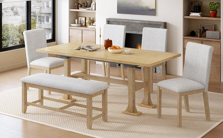 TOPMAX Farmhouse 76inch 6-Piece Extendable Dining Table Set with Trestle Base, Upholstered Chairs & Bench, Natural Wood and Light Gray Fabric - sold by Home Elegance USA