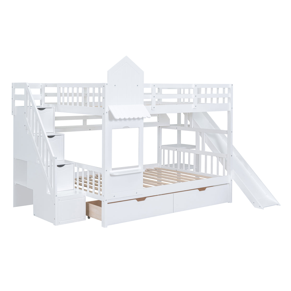 Full-Over-Full Castle Style Bunk Bed with 2 Drawers 3 Shelves and Slide - White - Home Elegance USA