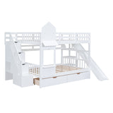 Full-Over-Full Castle Style Bunk Bed with 2 Drawers 3 Shelves and Slide - White - Home Elegance USA