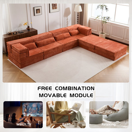 Compression Mahjong Sofa,Convertible Floor Sofa Bed,DIY Boneless Modular Sectional Sofa,No Assembly Required,Circle fleece fabric,Oversized 4 Seater with 2 Ottoman,Orange - sold by Home Elegance USA