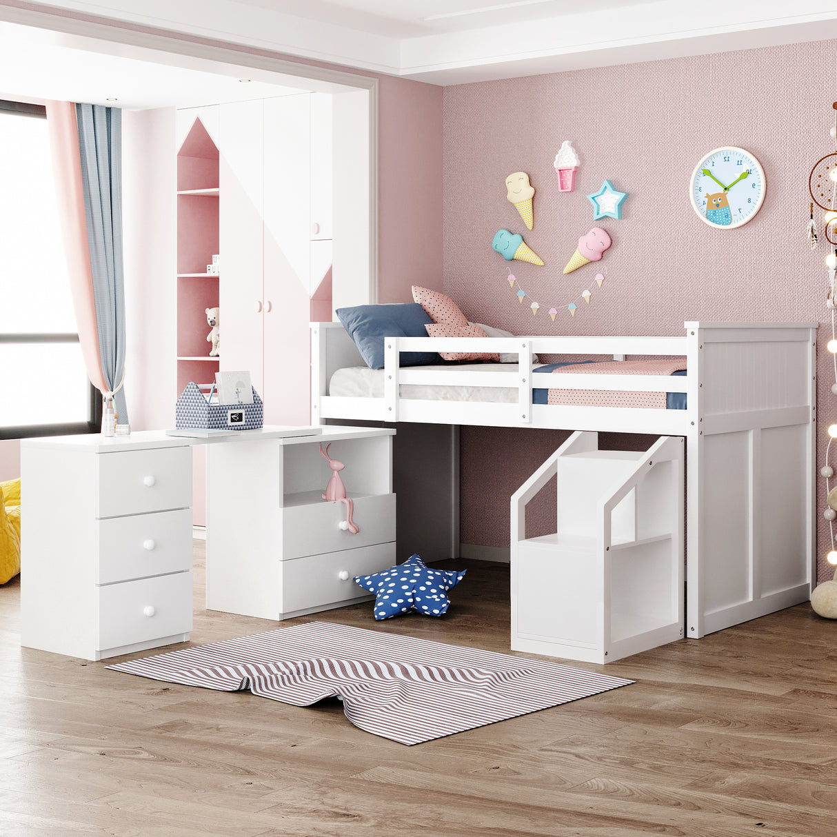 Loft Bed Low Study Twin Size Loft Bed With Storage Steps and Portable,Desk,White(OLD SKU: LT000101AAK) - Home Elegance USA