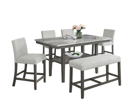 Selena 6-Piece 60' Rectangular Gray Faux Marble Counter Height Dining Set with Storage Shelf, Light Gray Upholstered Chairs & Bench - sold by Home Elegance USA