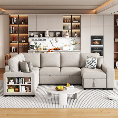 Beige Chenille U-Shaped Sectional Sofa with Pull-out Bed, USB Ports, Storage Chaise & Back Pillows - sold by Home Elegance USA