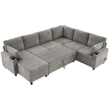 Versatile Light Grey Chenille Sectional Sofa Bed with Storage, Cup Holders & Charging Ports, 109.9' - sold by Home Elegance USA