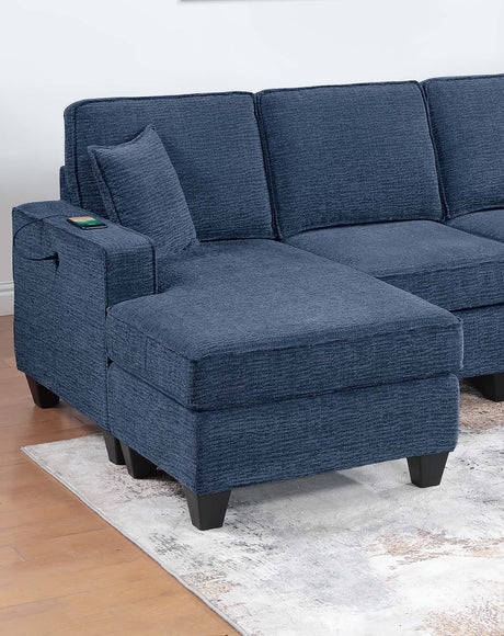 3pc Sectional Set Dark Blue Finish Right Arm And Left Arm Chaise USB Port Armless Loveseat Plastic Legs Matching Two Pillows Primary Living Room - sold by Home Elegance USA