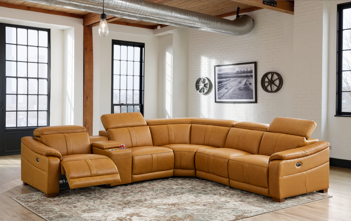 Leather Match Modular Sectional with Recliner Seat and Adjustable Headrest and Storage Console with Cup Holders
