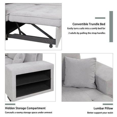 Modern Reversible L-Shape Pull Out Sleeper Sofa with Storage Chaise and Stools, Gray Linen, 104.5' - sold by Home Elegance USA