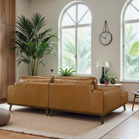 Kerrville Tan Leather Left Sectional Sofa with Mid-Century Modern Design, Genuine Leather Upholstery, Walnut-Finished Wood Legs, 98-Inch L-Shaped Layout - sold by Home Elegance USA