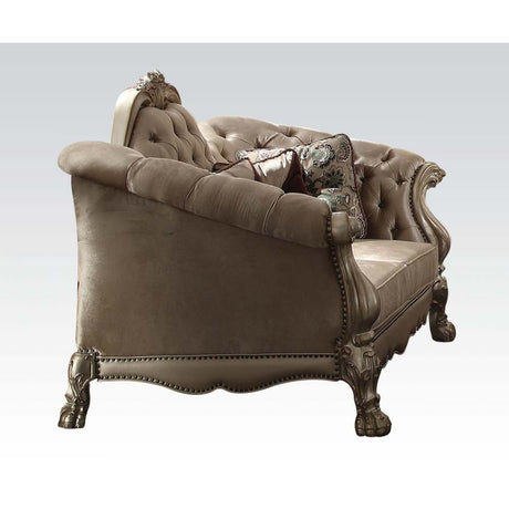 Acme - Dresden Loveseat W/5 Pillows 52091 Bone Velvet & Gold Patina Finish