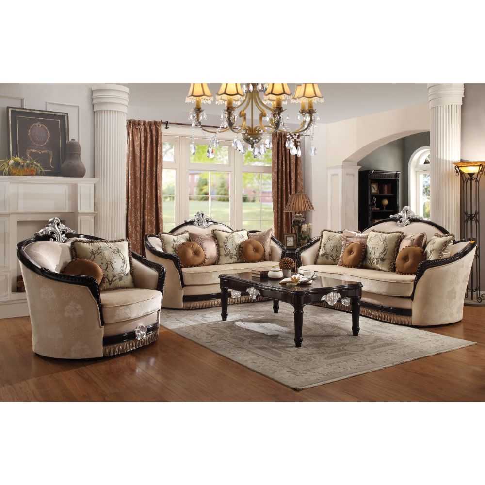 Acme - Ernestine Loveseat W/6 Pillows 52111 Tan Fabric & Black Finish