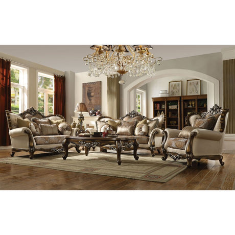 Acme - Latisha Chair W/2 Pillows(Same Lv01578) 52117 Tan, Pattern Fabric & Antique Oak Finish