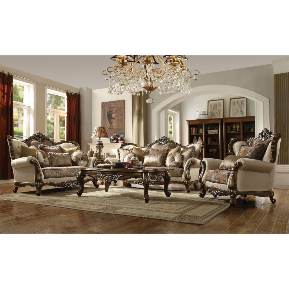 Acme - Latisha Loveseat W/6 Pillows(Same Lv01577) 52116 Tan, Pattern Fabric & Antique Oak Finish