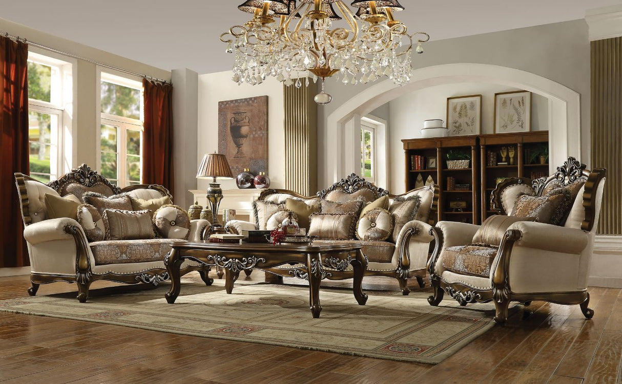 Acme - Latisha Sofa W/8 Pillows(Same Lv01576) 52115 Tan, Pattern Fabric & Antique Oak Finish