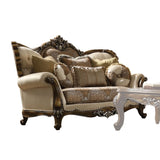 Acme - Latisha Loveseat W/6 Pillows(Same Lv01577) 52116 Tan, Pattern Fabric & Antique Oak Finish