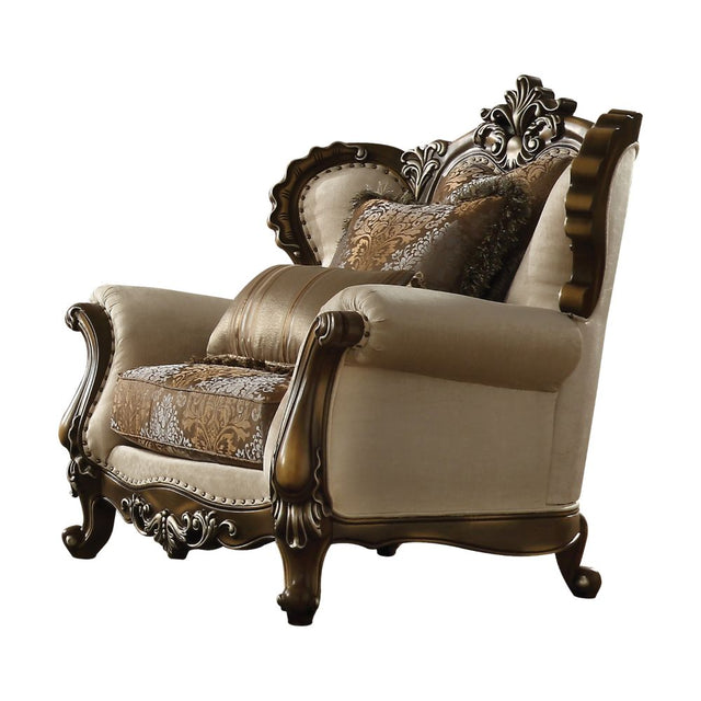 Acme - Latisha Chair W/2 Pillows(Same Lv01578) 52117 Tan, Pattern Fabric & Antique Oak Finish