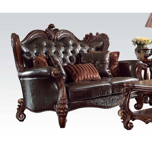 Acme - Versailles Loveseat W/5 Pillows 52121 Two Tone Dark Brown Synthetic Leather & Cherry Oak Finish