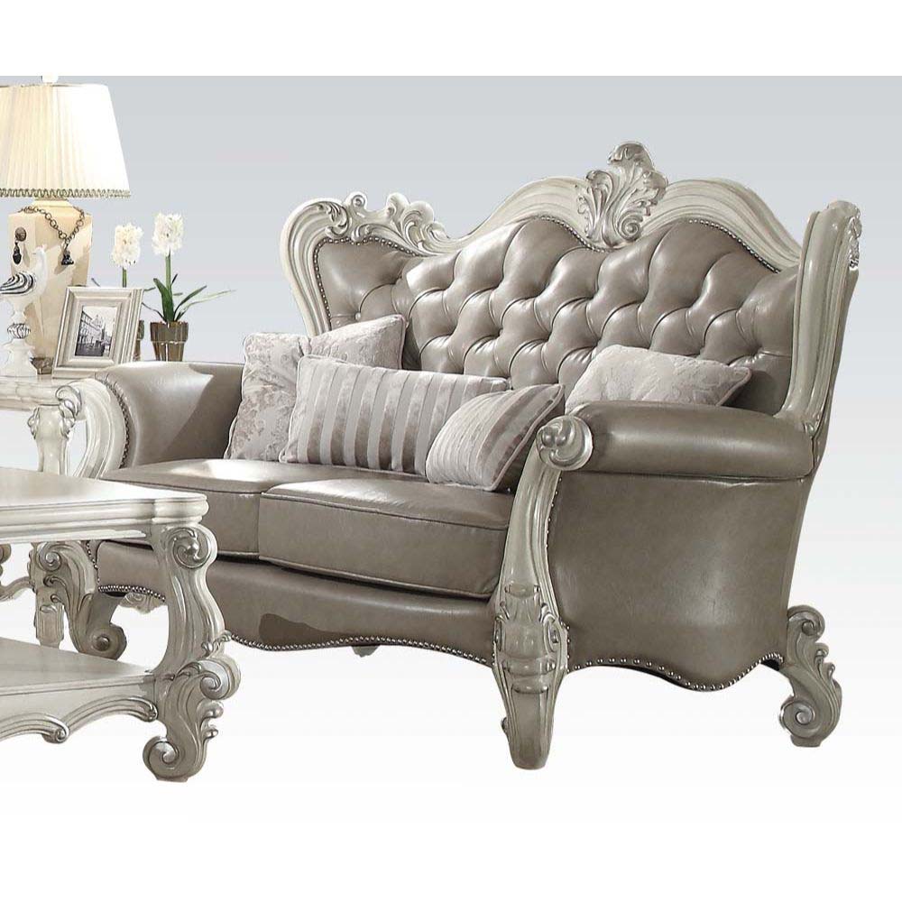 Acme - Versailles Loveseat W/4 Pillows 52126 Vintage Gray Synthetic Leather & Bone White Finish