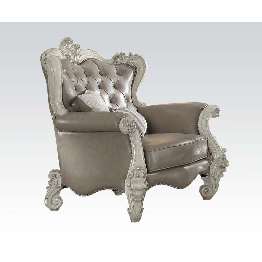Acme - Versailles Chair W/2 Pillows 52127 Vintage Gray Synthetic Leather & Bone White Finish