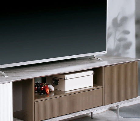 Modern Contemporary Style TV Console Base Stand Open Shelf And One Drawer Attached Ball Bearing Glides Replicated Marble On Top With High Gloss Champagne, White, And Gray Finish - sold by Home Elegance USA