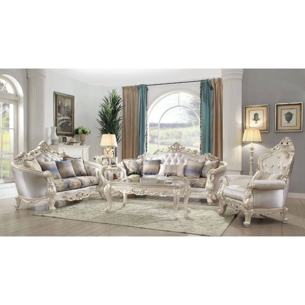 Acme - Gorsedd Loveseat W/4 Pillows 52441 Fabric & Golden Ivory Finish