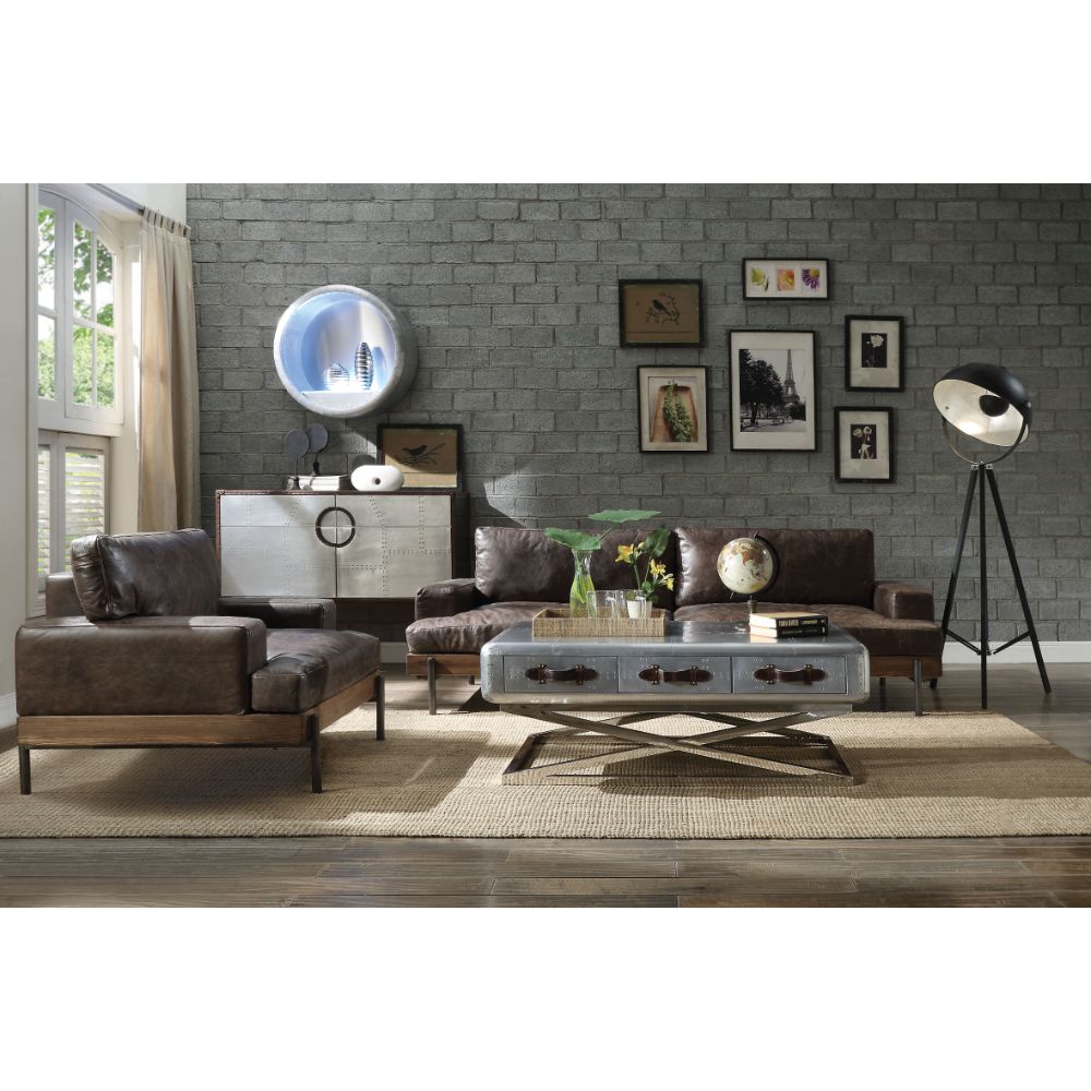 Acme - Silchester Sofa 52475 Distress Chocolate Top Grain Leather & Oak Finish