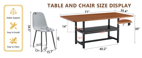 Table and chair set.71*35.4 inch fashionable walnut grain dining table, a practical choice to add color to the home.Paired with 8 Light Gray Linen-Cotton Material High Resilience Dining Chairs. - sold by Home Elegance USA