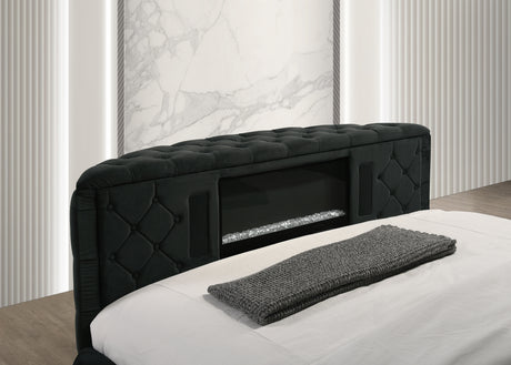 Luxurious Queen Size Bed Nightstand Set Deeply Tufted Headboard Nail Head Trim Upholstery Black Velvet Footboard Integrated Television Lift Mechanism Built-in Electric Fireplace Storage 3pc Set - sold by Home Elegance USA