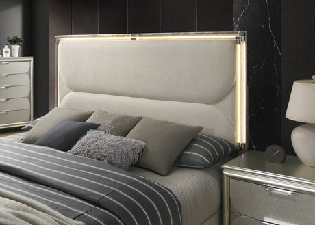 Glamorous Luxury Silver Fabric Upholstered Queen Size Bed w LED 2x Nightstands Embossed Panel 3pc Set Bedroom Furniture - sold by Home Elegance USA