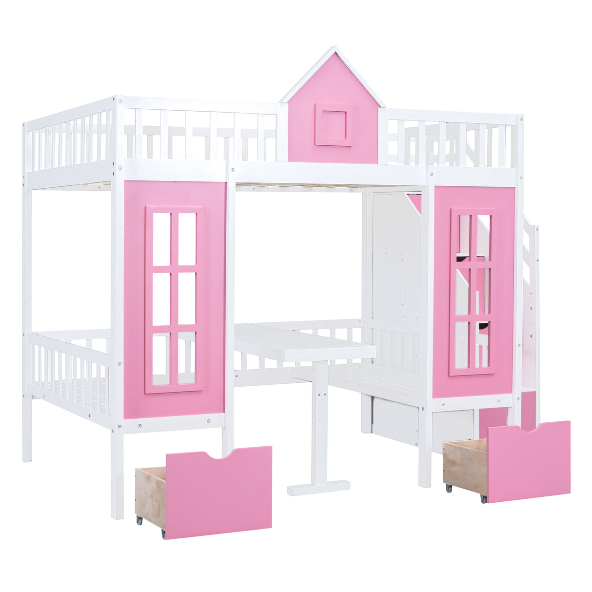 Full-Over-Full Bunk Bed with Changeable Table, Bunk Bed Turn into Upper Bed and Down Desk -Pink - Home Elegance USA