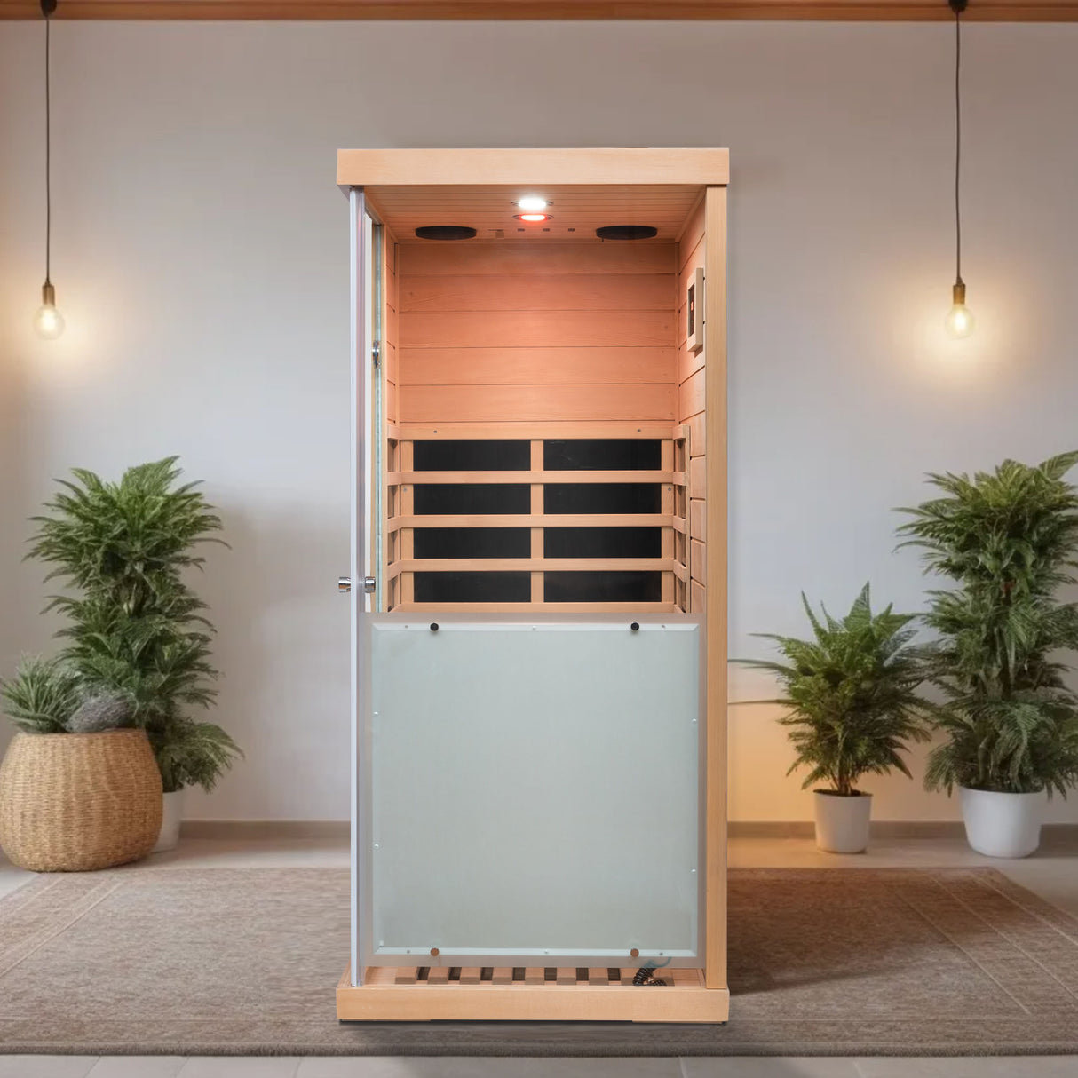 Mini sauna de cicuta de cristal de gran tamaño con apertura de puerta a la derecha