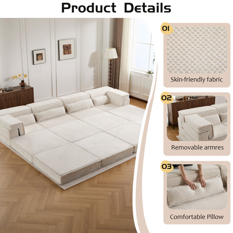 Compression Mahjong Sofa,Convertible Floor Sofa Bed,DIY Boneless Modular Sectional Sofa,No Assembly Required,Circle fleece fabric,Oversized 4 Seater with 2 Ottoman,White - sold by Home Elegance USA