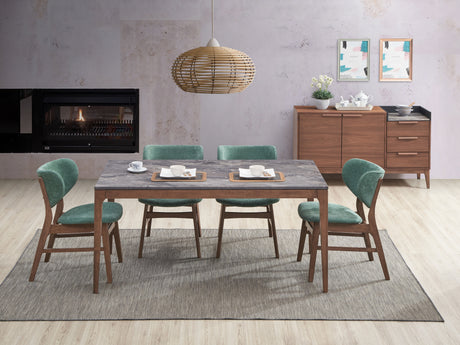 Bevis 5-Piece Walnut Finish Dining Set with Faux Marble Tabletop and Green Upholstered Chairs - sold by Home Elegance USA